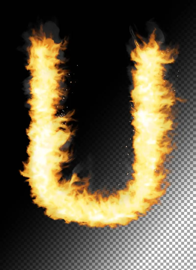 Realistic Letter U Made of Fire on Transparent Background