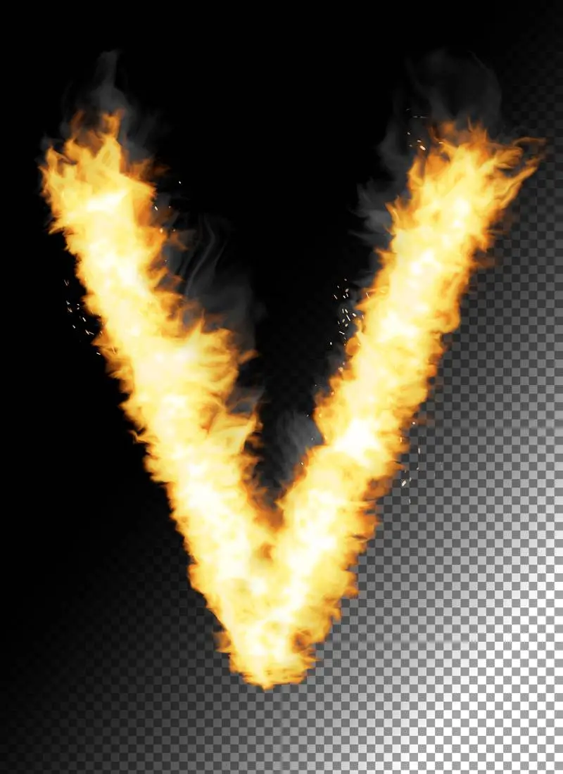 Realistic Letter V Made of Fire on Transparent Background