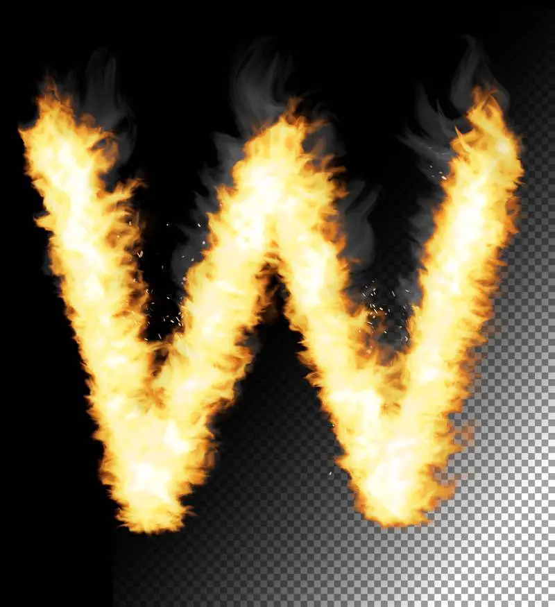 Realistic Letter W Made of Fire on Transparent Background