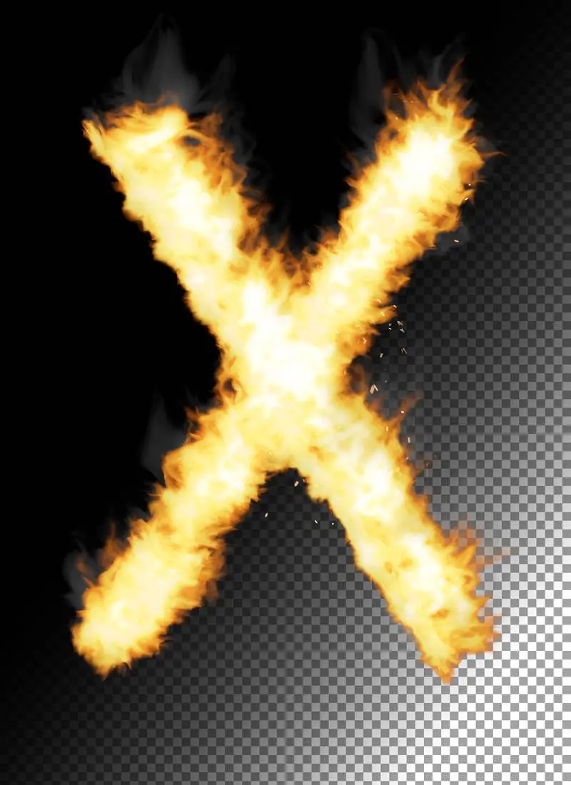 Realistic Letter X Made of Fire on Transparent Background
