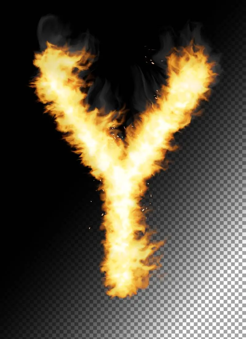 Realistic Letter Y Made of Fire on Transparent Background