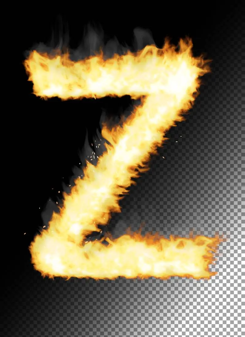 Realistic Letter Z Made of Fire on Transparent Background