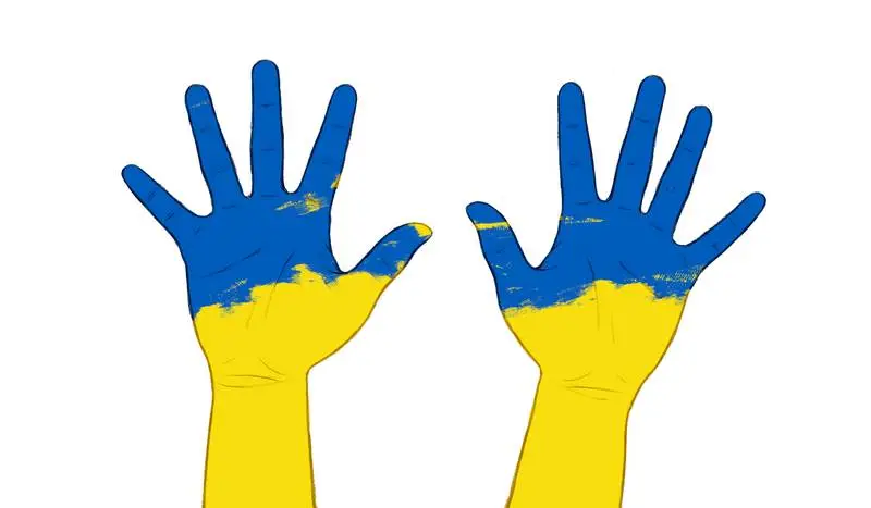 Pair of Hands with Ukraine Flag Brushstrokes