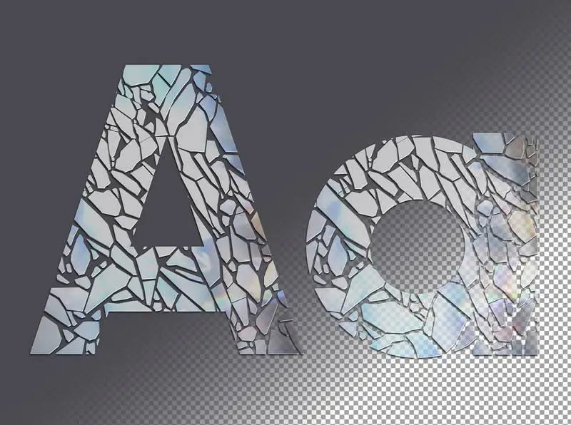 Letter A in upper and lower case made of glass shards