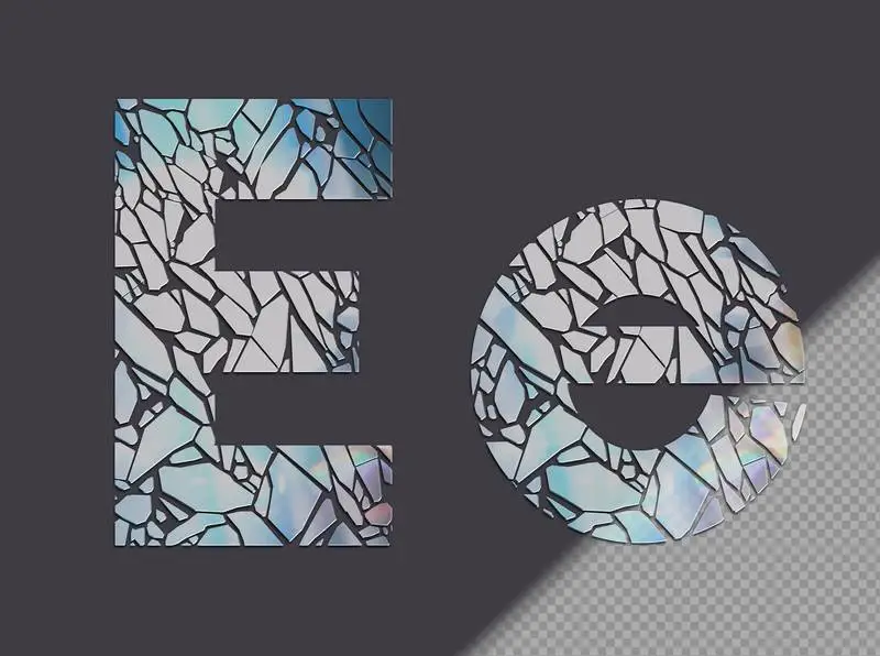Letter E in Upper and Lower Case Made of Glass Shards