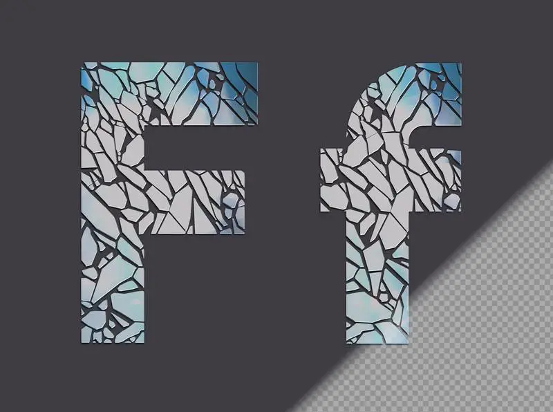 Letter F in Upper and Lower Case Made of Glass Shards