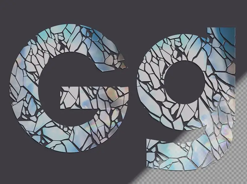 Letter G in Upper and Lower Case Made of Glass Shards
