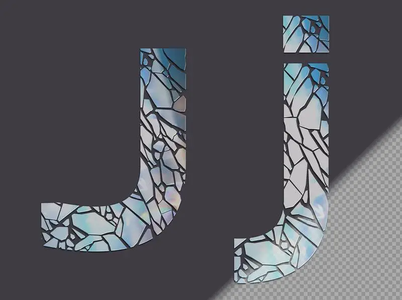 Letter J in Upper and Lower Case Made of Glass Shards