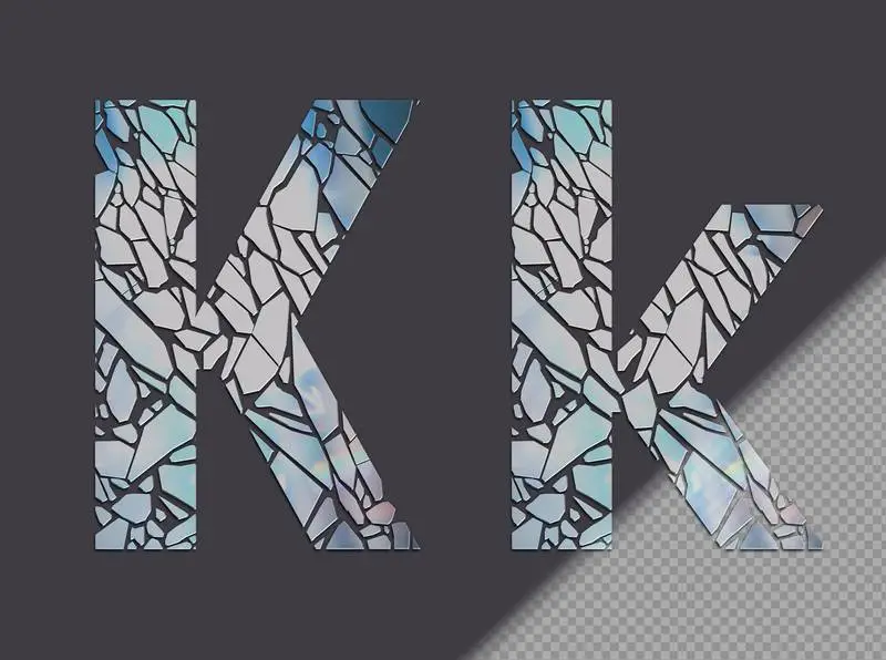 Letter K in Upper and Lower Case Made of Glass Shards