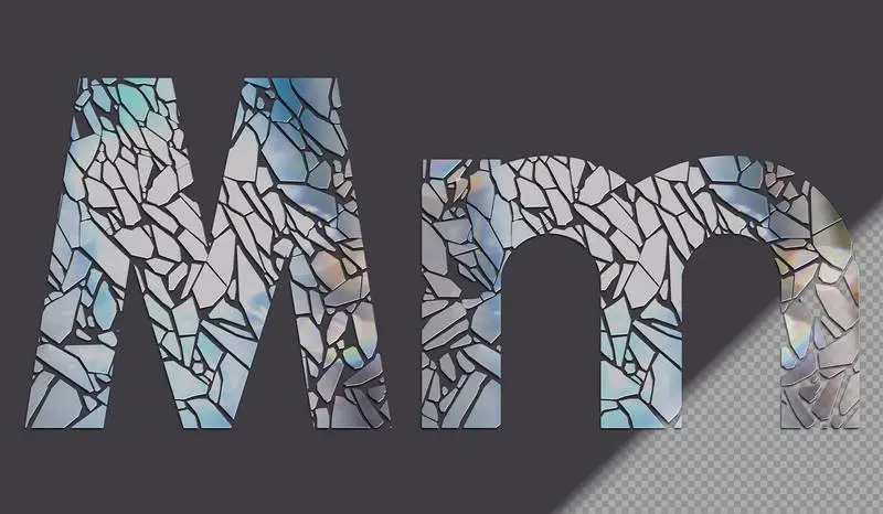 Letter M in Upper and Lower Case Made of Glass Shards