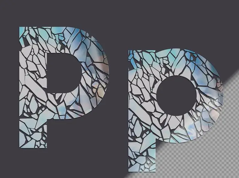 Letter P in Upper and Lower Case Made of Glass Shards