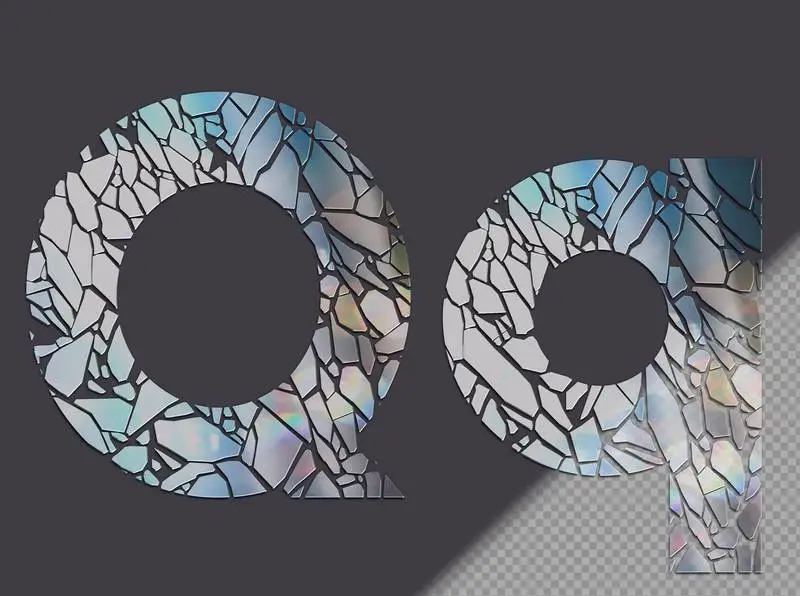 Letter Q in Upper and Lower Case Made of Glass Shards