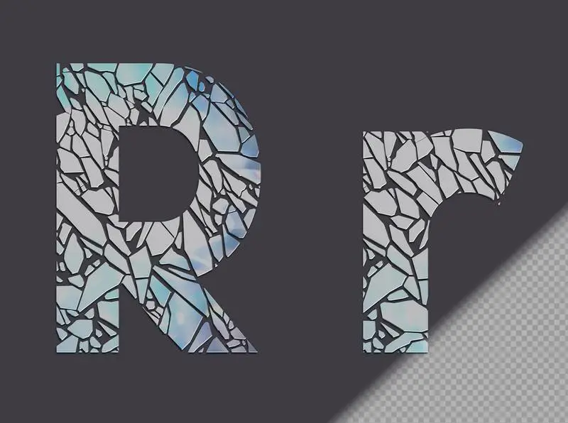 Letter R in Upper and Lower Case Made of Glass Shards