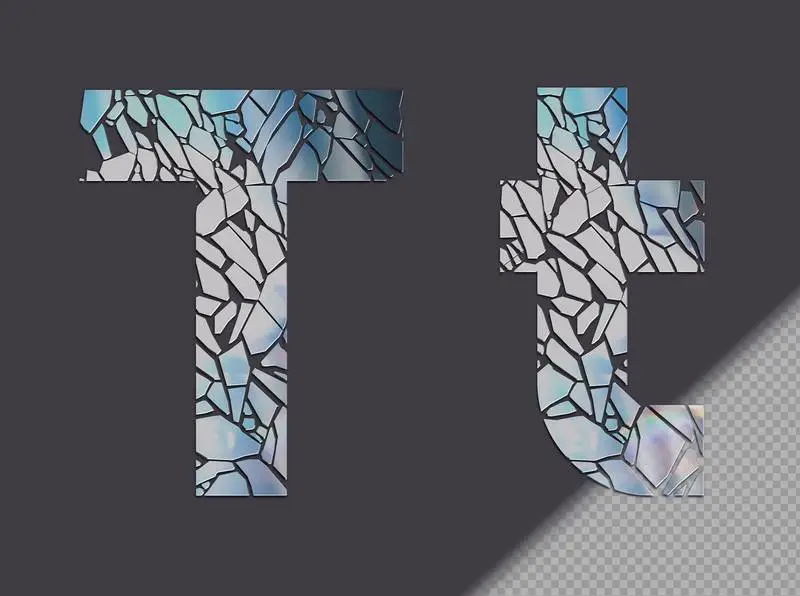 Letter T in Upper and Lower Case Made of Glass Shards