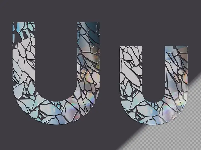 Letter U in Upper and Lower Case Made of Glass Shards