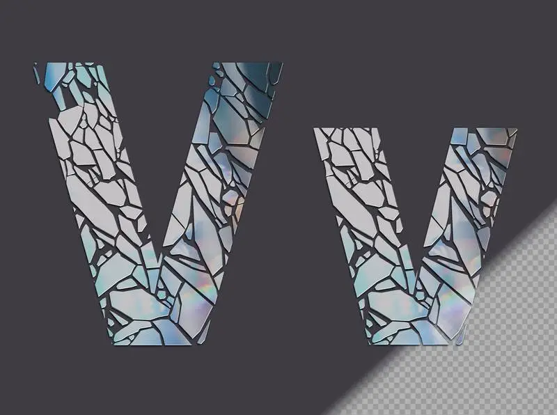 Letter V in Upper and Lower Case Made of Glass Shards