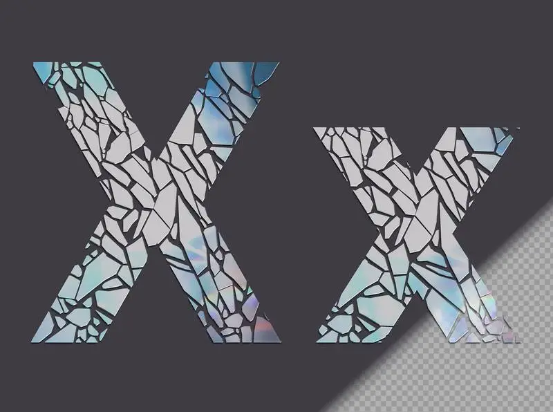 Letter X in Upper and Lower Case Made of Glass Shards
