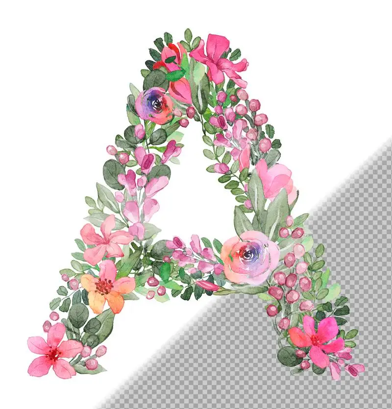 Uppercase Letter A Made of Soft Hand-Drawn Flowers and Leaves