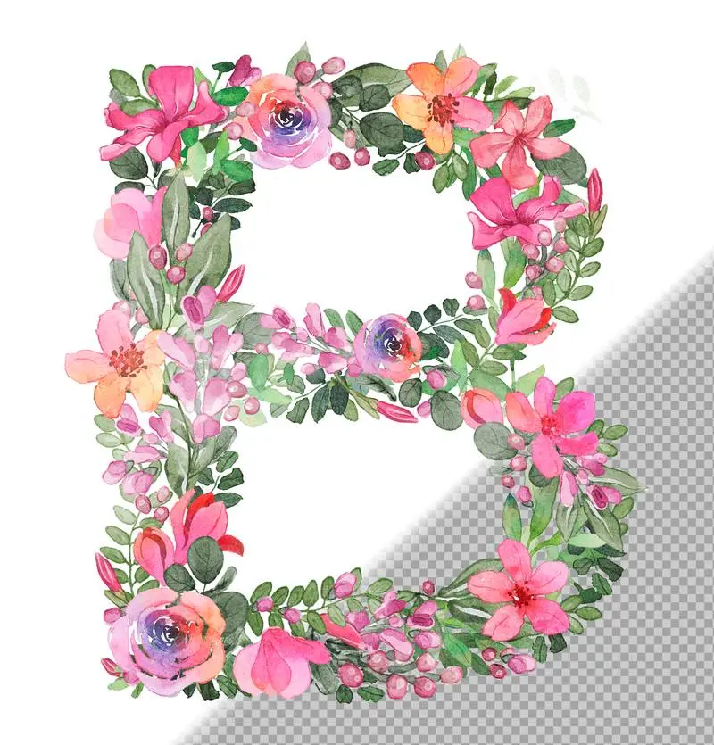 B Letter in Uppercase Made of Soft Hand-Drawn Flowers and Leaves