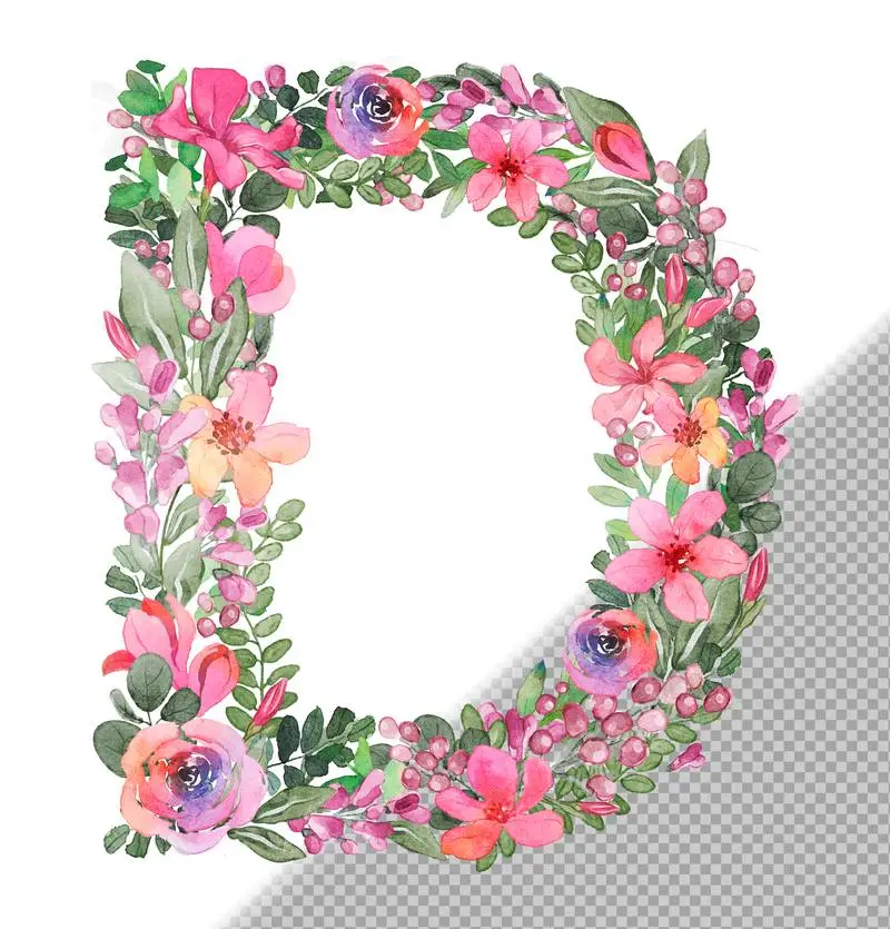 D Letter in Uppercase Made of Soft Hand-Drawn Flowers and Leaves