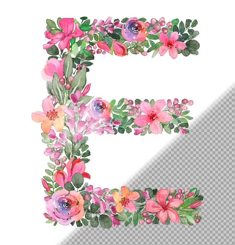 E Letter in Uppercase Made of Soft Hand-Drawn Flowers and Leaves