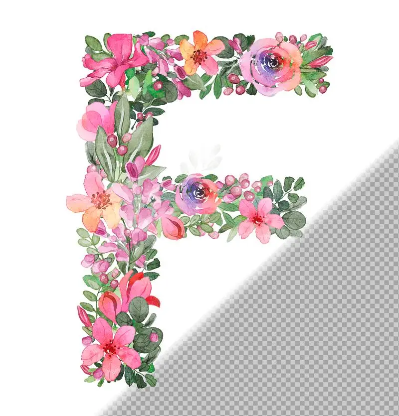F Letter in Uppercase Made of Soft Hand-Drawn Flowers and Leaves