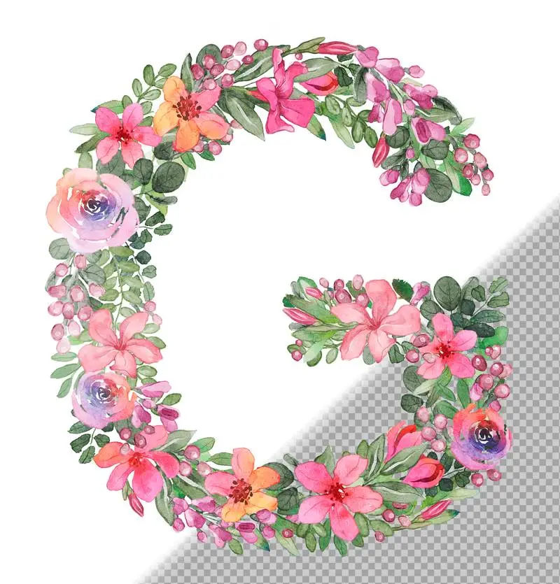 G Letter in Uppercase Made of Soft Hand-Drawn Flowers and Leaves