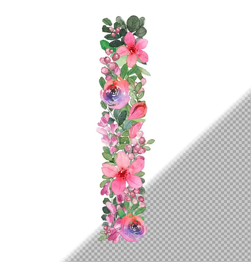 I Letter in Uppercase Made of Soft Hand-Drawn Flowers and Leaves