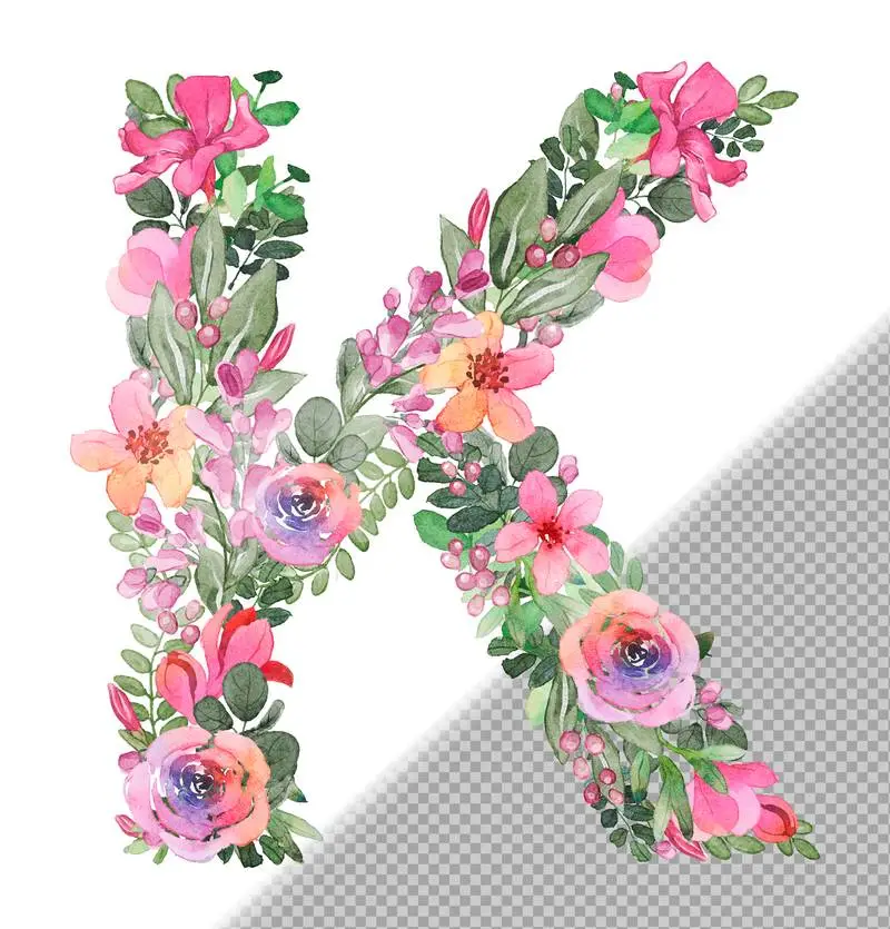 K Letter in Uppercase Made of Soft Hand-Drawn Flowers and Leaves