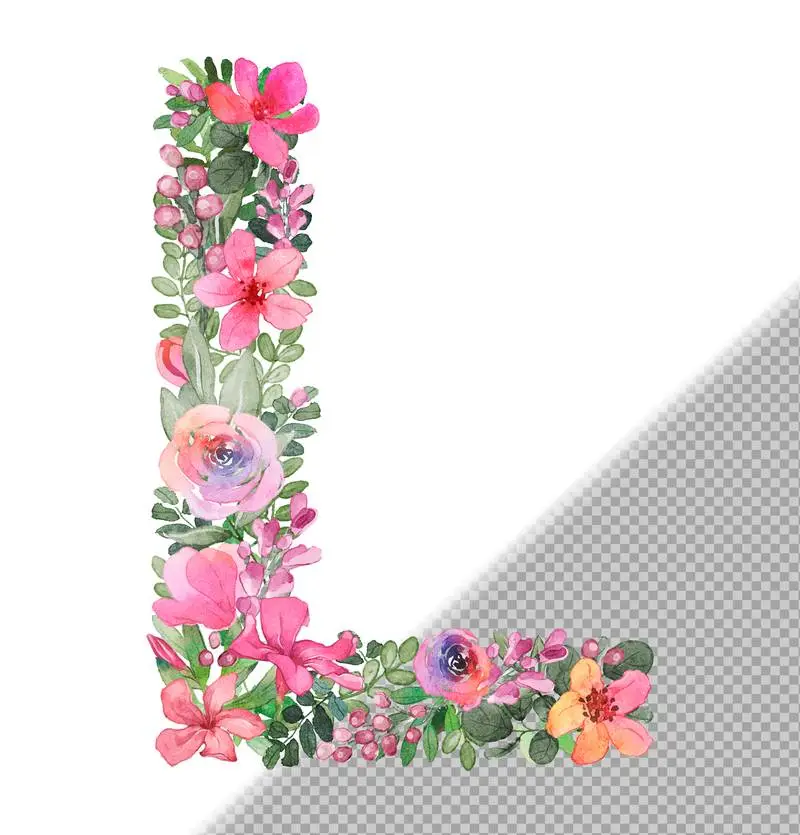 L Letter in Uppercase Made of Soft Hand-Drawn Flowers and Leaves