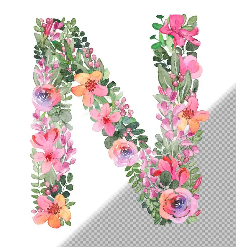 N Letter in Uppercase Made of Soft Hand-Drawn Flowers and Leaves