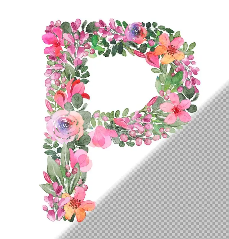 P Letter in Uppercase Made of Soft Hand-Drawn Flowers and Leaves