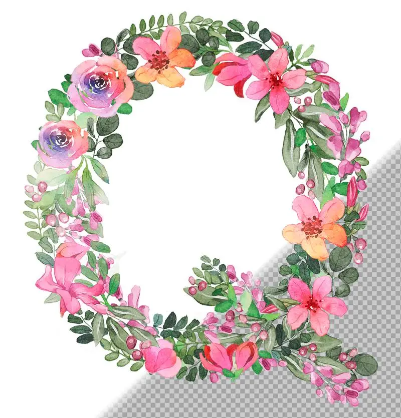 Q Letter in Uppercase Made of Soft Hand-Drawn Flowers and Leaves