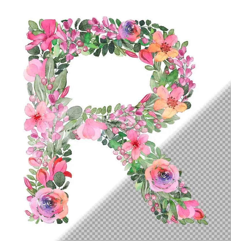 R Letter in Uppercase Made of Soft Hand-Drawn Flowers and Leaves