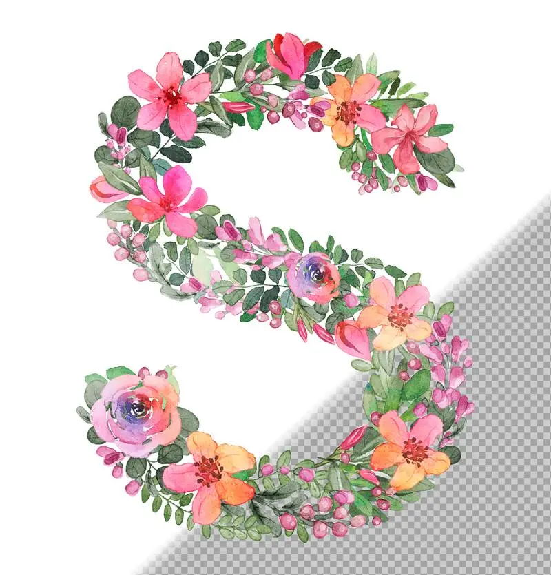 S Letter in Uppercase Made of Soft Hand-Drawn Flowers and Leaves