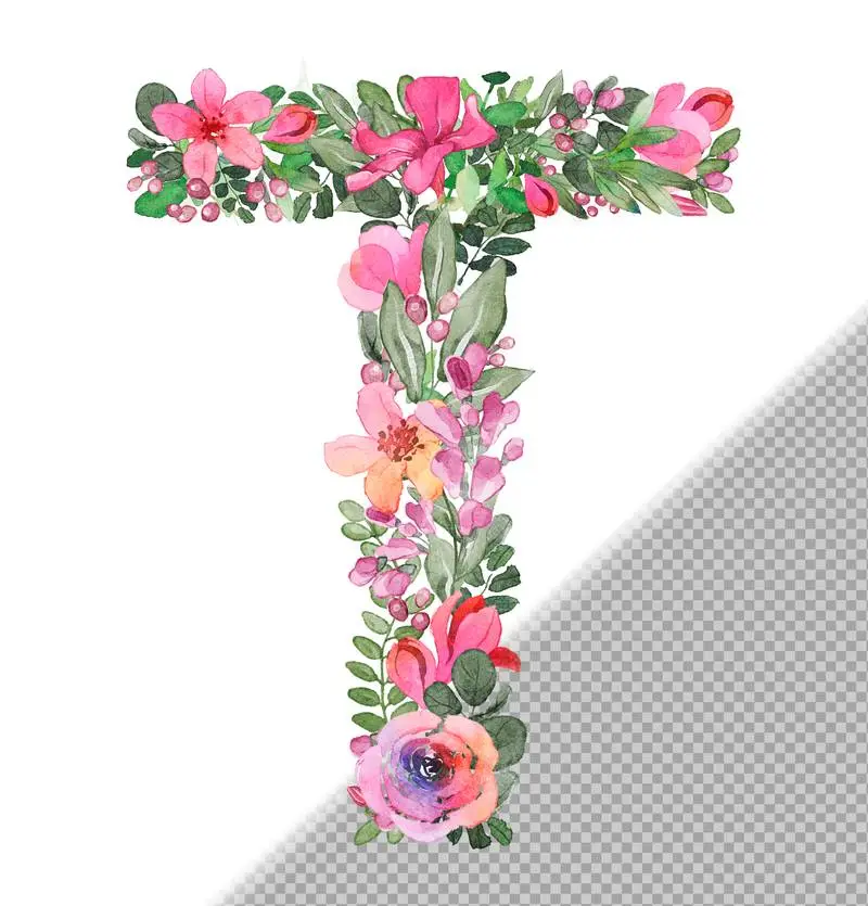 T Letter in Uppercase Made of Soft Hand-Drawn Flowers and Leaves