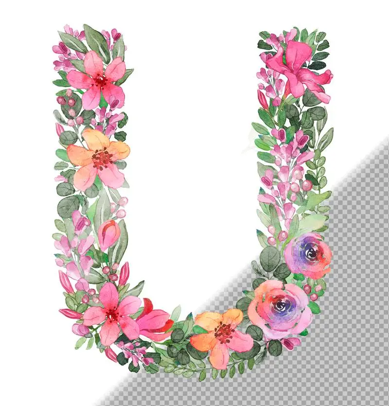 U Letter in Uppercase Made of Soft Hand-Drawn Flowers and Leaves
