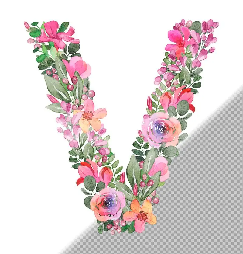 V Letter in Uppercase Made of Soft Hand-Drawn Flowers and Leaves