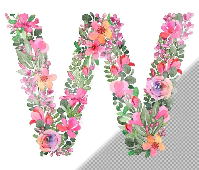 W Letter in Uppercase Made of Soft Hand-Drawn Flowers and Leaves