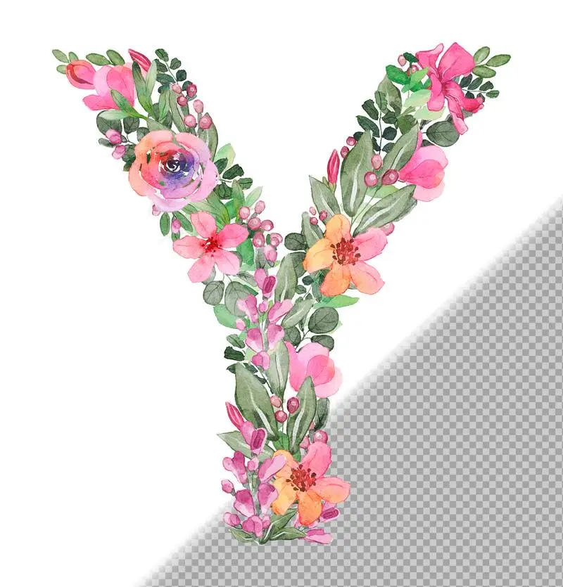 Y Letter in Uppercase Made of Soft Hand-Drawn Flowers and Leaves