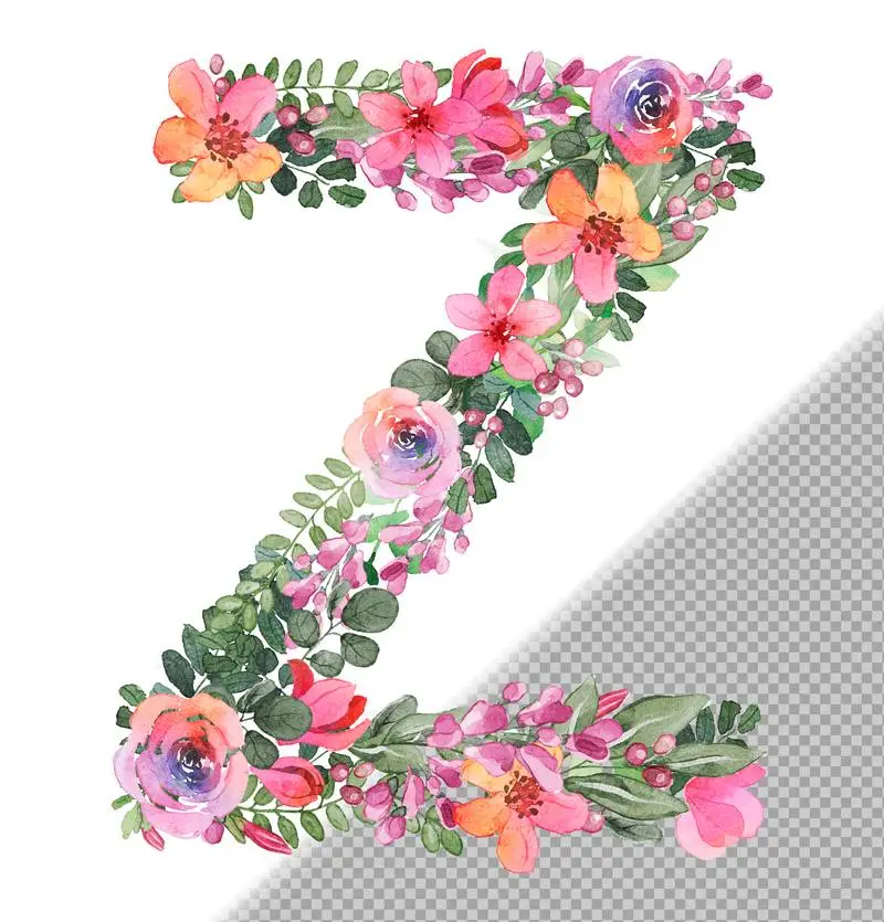 Z Letter in Uppercase Made of Soft Hand-Drawn Flowers and Leaves