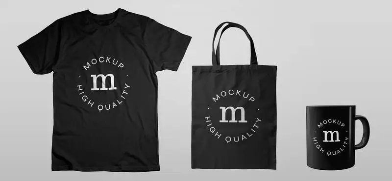 Pack of Black T-shirt, Tote Bag and Mug Mockup