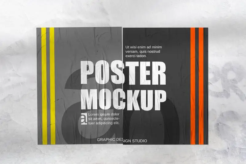 Crumpled Pack of Posters Over Grunge Wall Mockup
