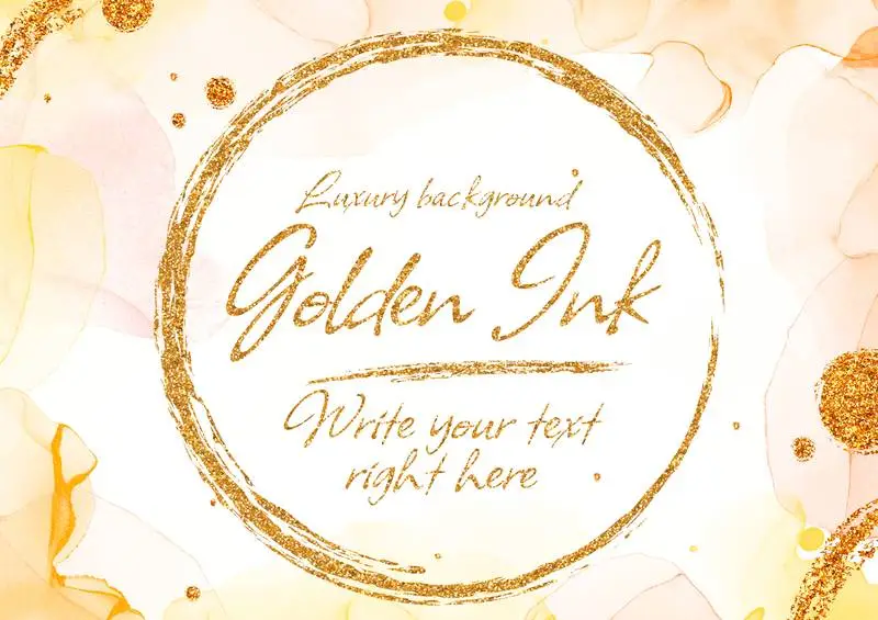 Gold Alcohol Ink Background with Glitter Brushstrokes and Text