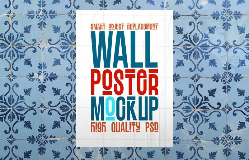 Poster Glued on Blue Portuguese Tile Background Mockup