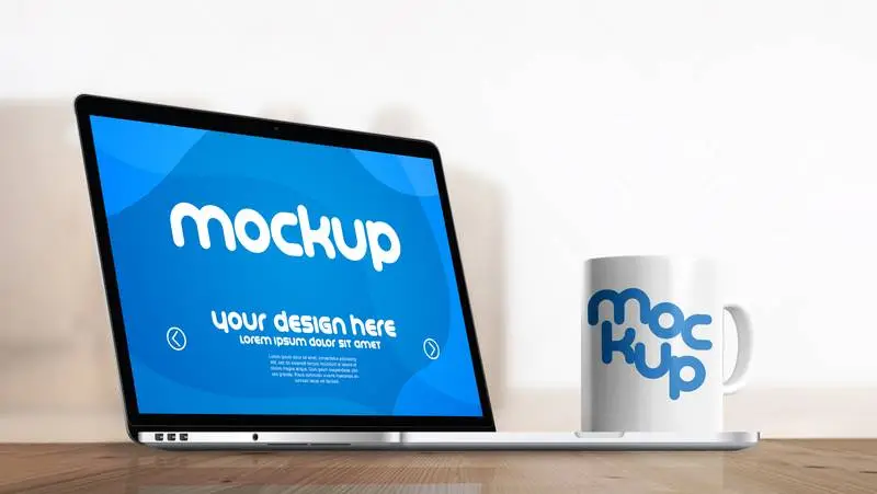 Mockup of Mug and Laptop in Office Environment