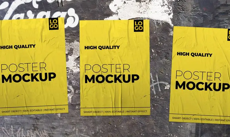Mockup of Three Posters on a Grunge Wall