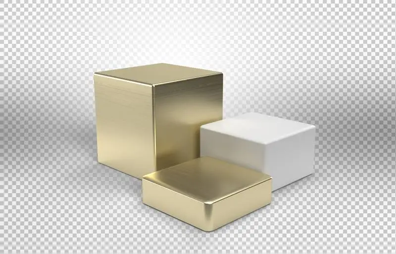 Three Minimalist Podiums in Gold and White on a Light Background