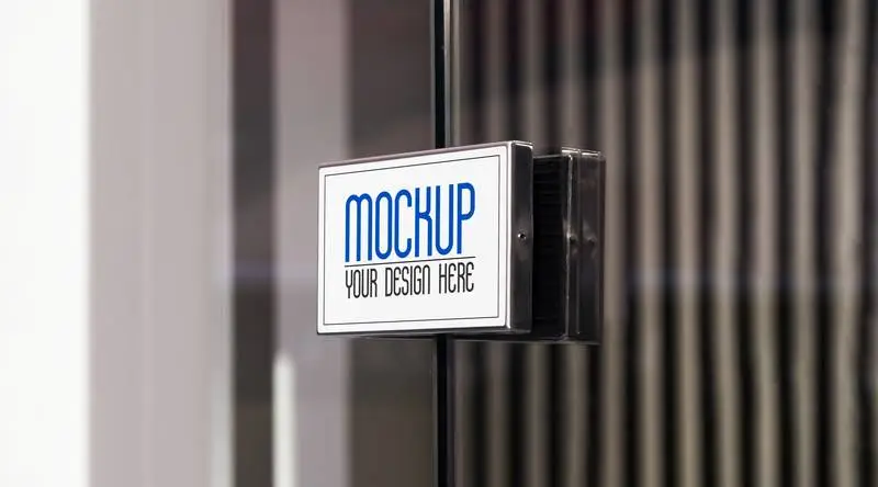 Mockup of a Metal Plate on a Glass Door