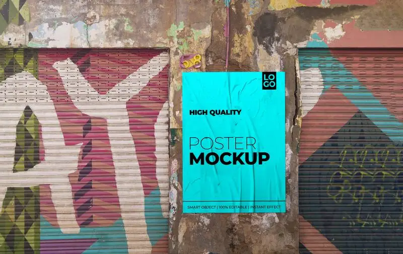 Mockup of Crumpled Poster on Grunge Graffiti Wall